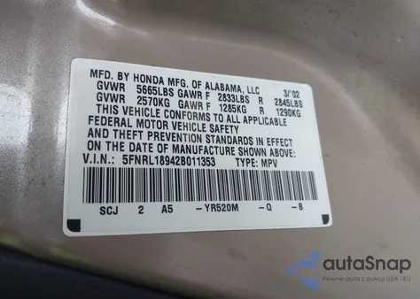 2002 Honda Odyssey Ex-L z USA, uszkodzony, nr VIN 5FNRL18942B011353